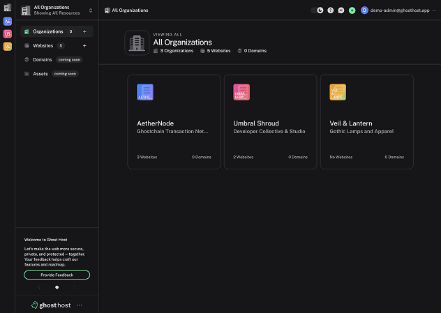 Dashboard of the Ghost Host demo
